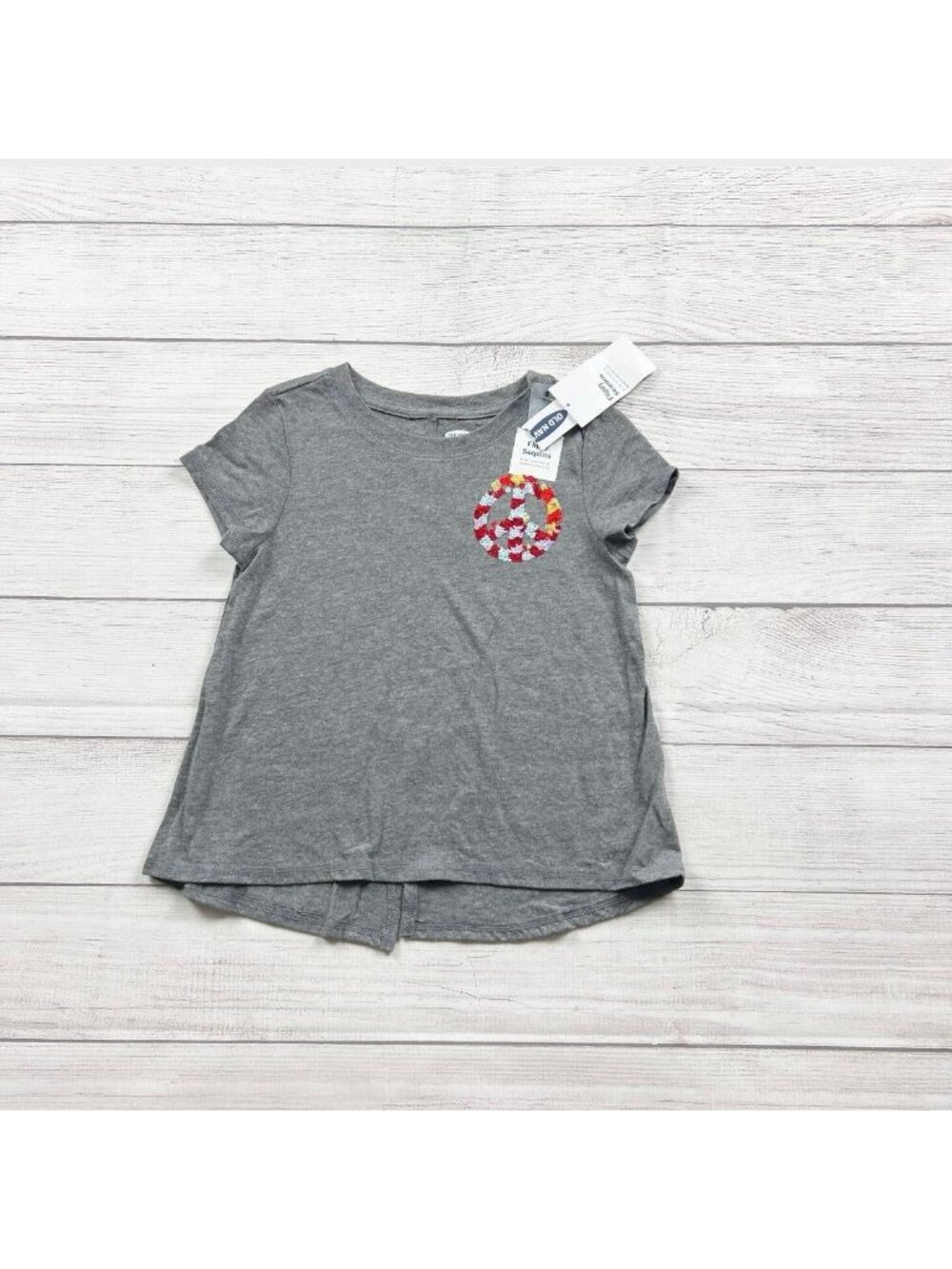 Old Navy Girls Gray Short Sleeve Tee Shirt Sequin Peace Sign NWT S 6-7